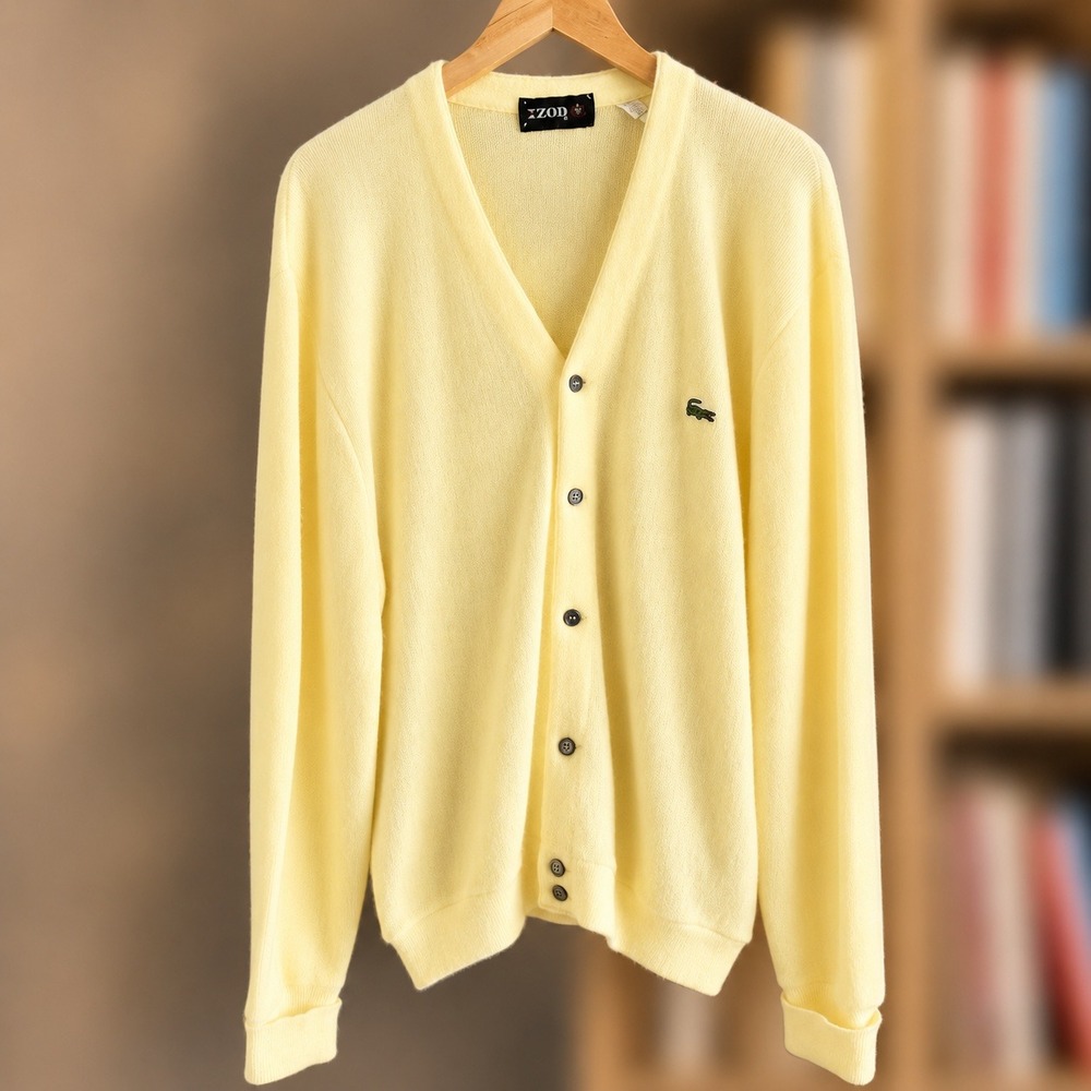 Vintage Izod Lacoste Mens XL Cardigan Sweater Yellow Orlon Acrylic V-Neck Logo